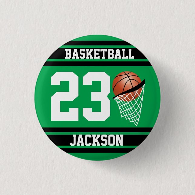 Basketball Design in Green and Black 1 Inch Round Button (Front)