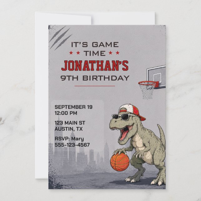 Basketball Dinosaur Birthday Invitation (Front)