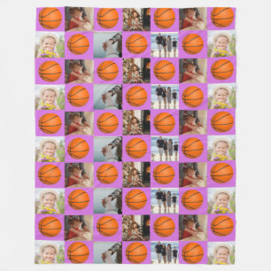 Basketball Family Collage Photo Pattern Purple Fleece Blanket