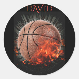 Basketball fire personalized stickers. classic round sticker