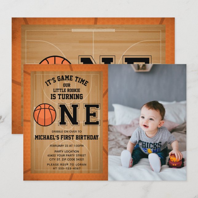 Basketball First Birthday Photo Invitation (Front/Back)