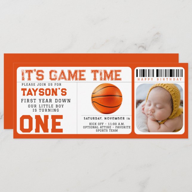 Basketball First Year Down 1st Birthday Ticket  Invitation (Front/Back)