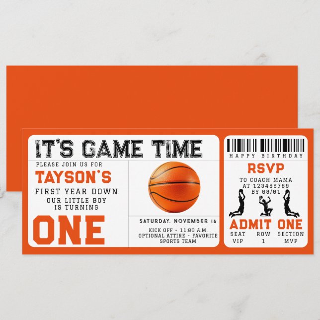 basketball First Year Down 1st Birthday Ticket  Invitation (Front/Back)