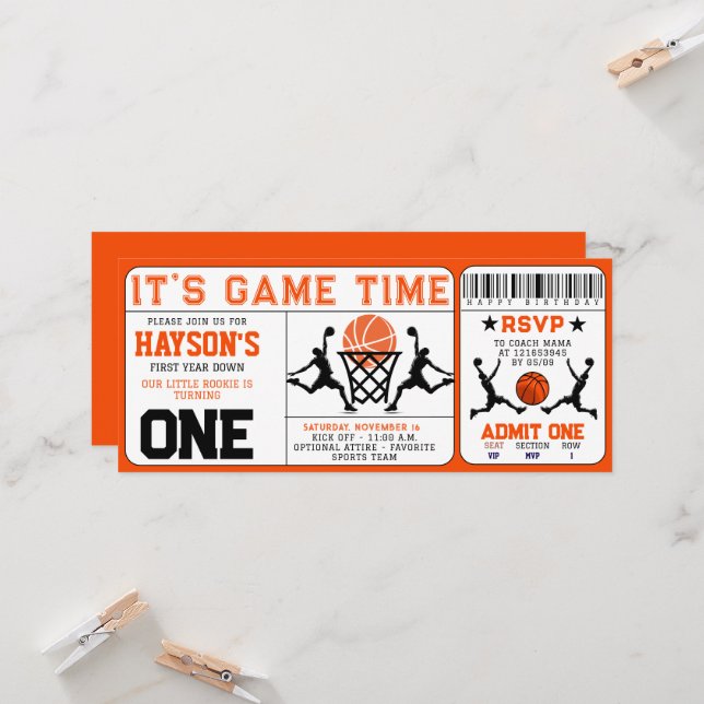  Basketball First Year Down Ticket 1st Birthday Invitation (Front/Back In Situ)
