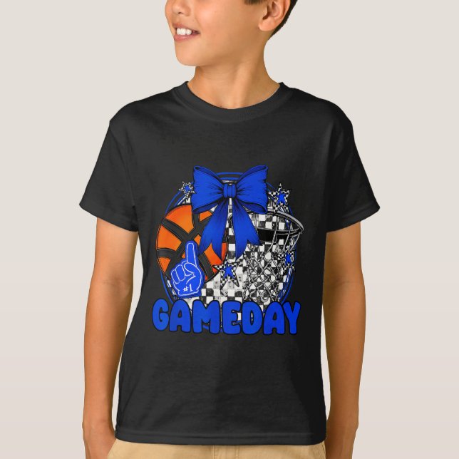 Basketball Game Day Go Cheer Team Blue Coquette Ch T-Shirt (Front)