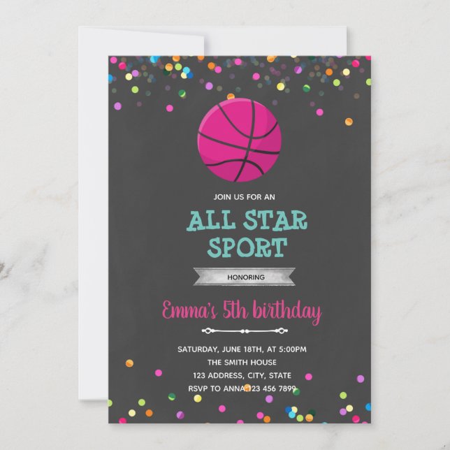 Basketball girl birthday invitation (Front)