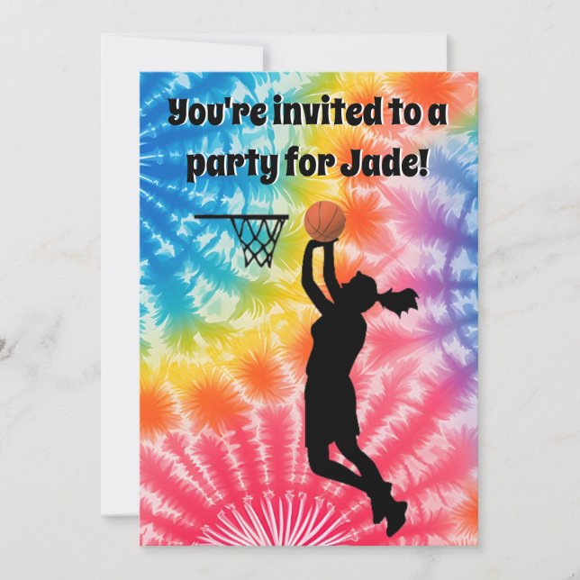 Basketball Girl Custom Tie-Dye Rainbow Birthday Invitation (Front)