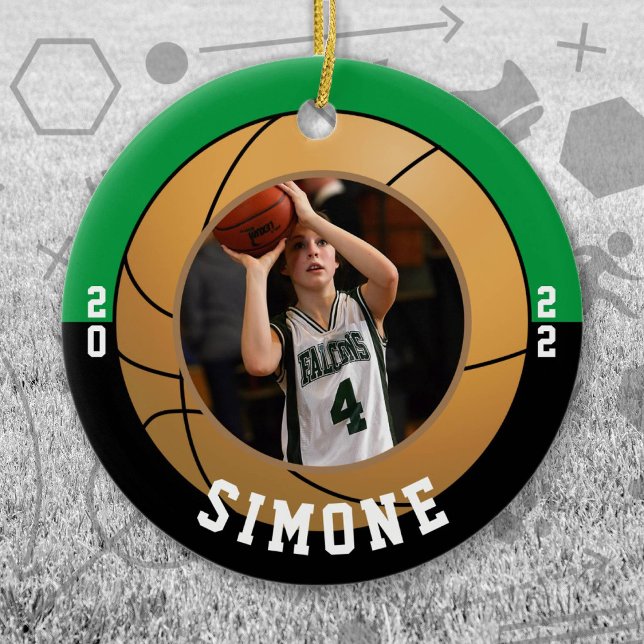 Basketball Green Black Team Colours Ceramic Ornament (Green and Black Baseball Let's Go Team Ornament. Celebrate your high school or college athlete.)