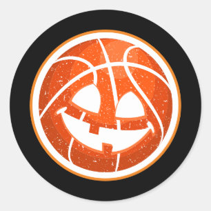 Basketball Halloween Pumpkin Orange on black Classic Round Sticker