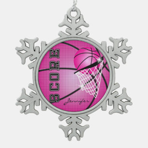 Basketball   Hot Pink   Personalize Snowflake Pewter Christmas Ornament