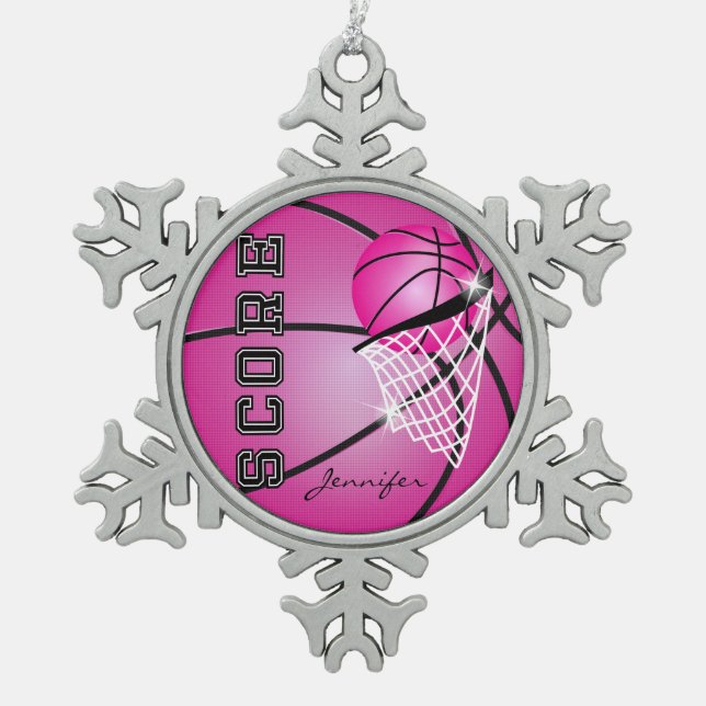 Basketball | Hot Pink | Personalize Snowflake Pewter Christmas Ornament (Front)