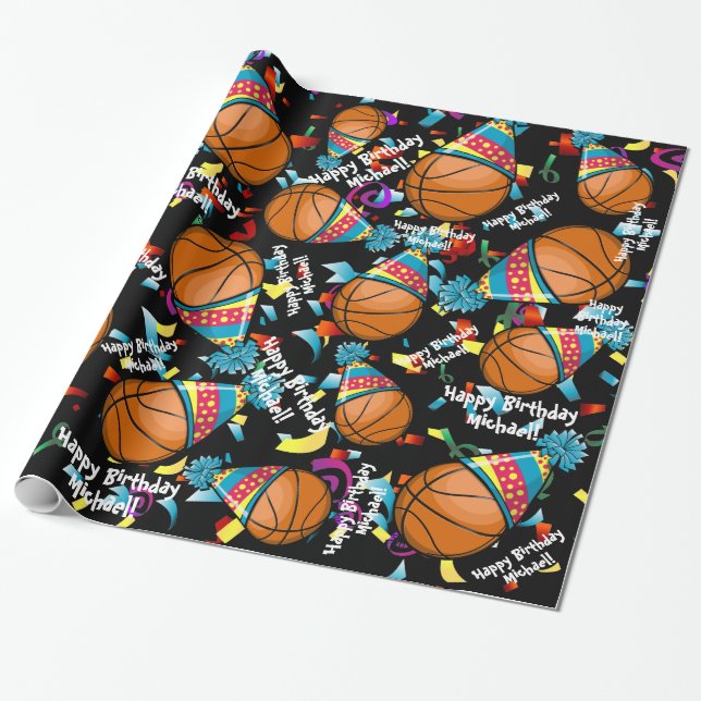 Basketball In a Party Hat | Customized Birthday Wrapping Paper (Unrolled)