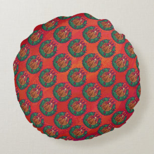 Basketball in Holly Wreath Pattern on Red Round Pillow