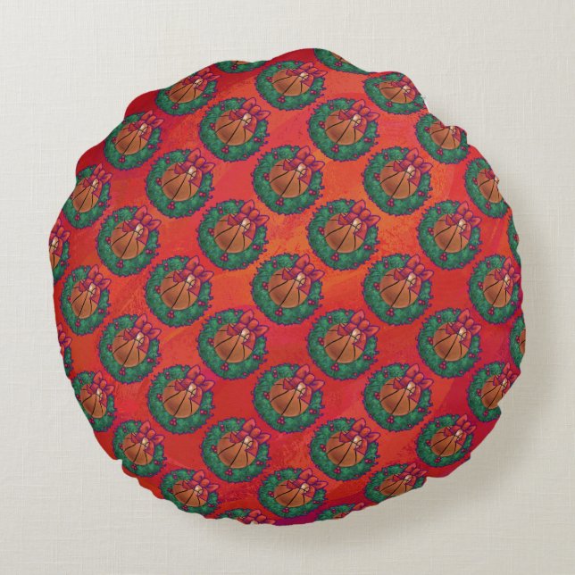 Basketball in Holly Wreath Pattern on Red Round Pillow (Back)