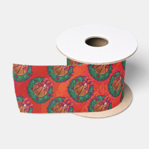 Basketball in Holly Wreath Pattern on Red Satin Ribbon