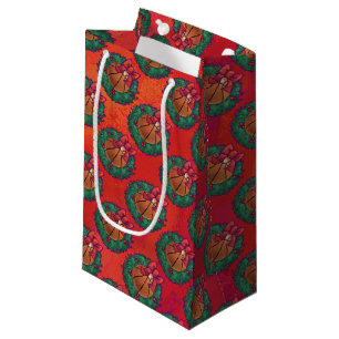 Basketball in Holly Wreath Pattern on Red Small Gift Bag