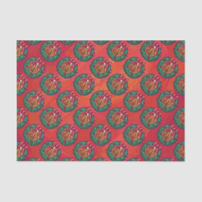 Basketball in Holly Wreath Pattern on Red Tissue Paper (Front)