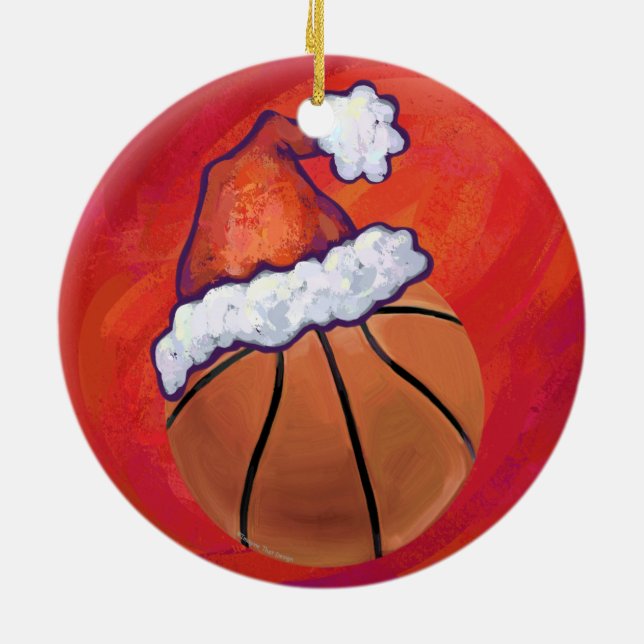 Basketball in Santa Hat Ceramic Ornament (Back)