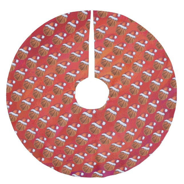 Basketball in Santa Hat Pattern Brushed Polyester Tree Skirt (Front)