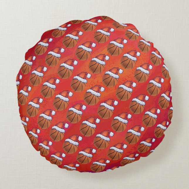 Basketball in Santa Hat Pattern Round Pillow (Back)