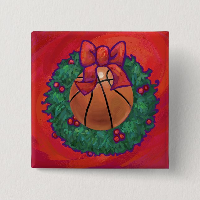 Basketball Inside Christmas Wreath 2 Inch Square Button (Front)