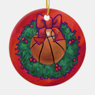 Basketball Inside Christmas Wreath Ceramic Ornament