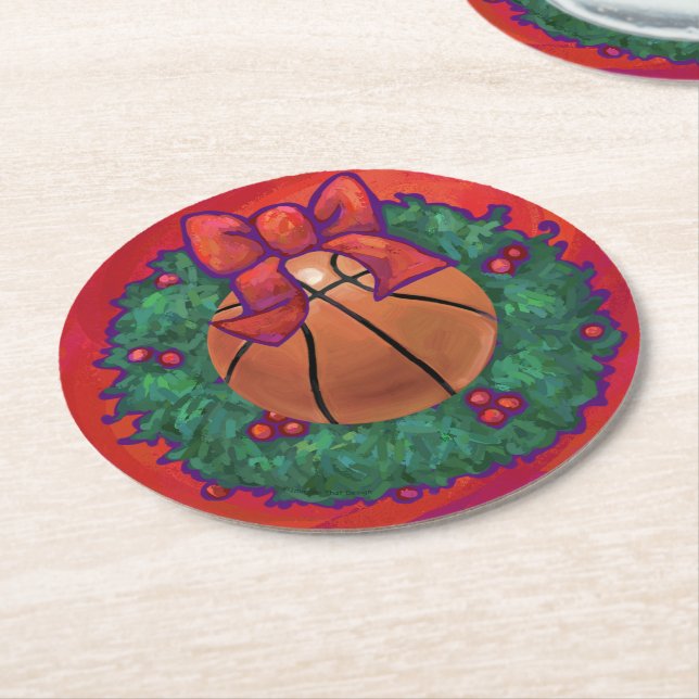 Basketball Inside Christmas Wreath Round Paper Coaster (Angled)
