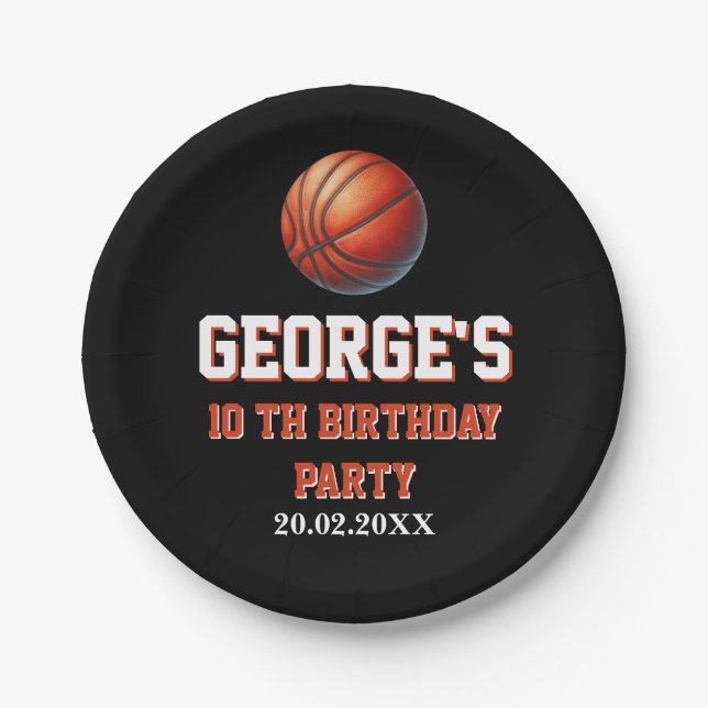 Basketball Invite, Boy Birthday Party Paper Plate (Front)