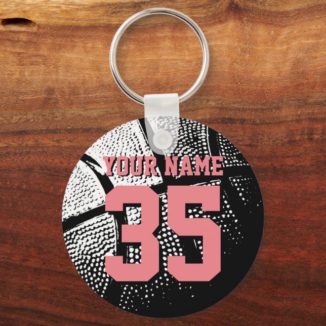Basketball key chain with coral pink jersey number (Front)