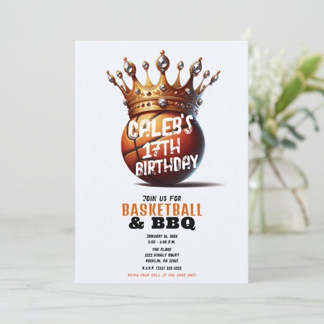 Basketball King Gold Crown Photo Birthday  Invitation (Standing Front)