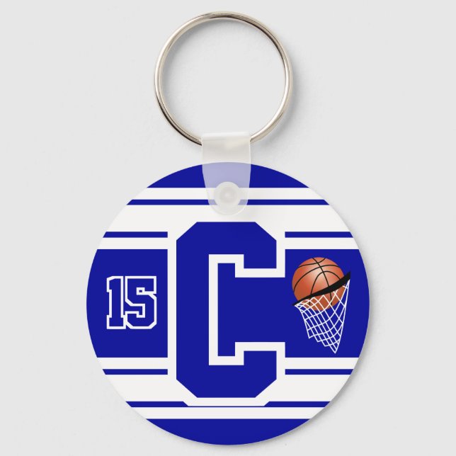 Basketball Letter and Number - Dark Blue and White Keychain (Front)