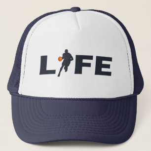 basketball life player dribbling with orange ball trucker hat