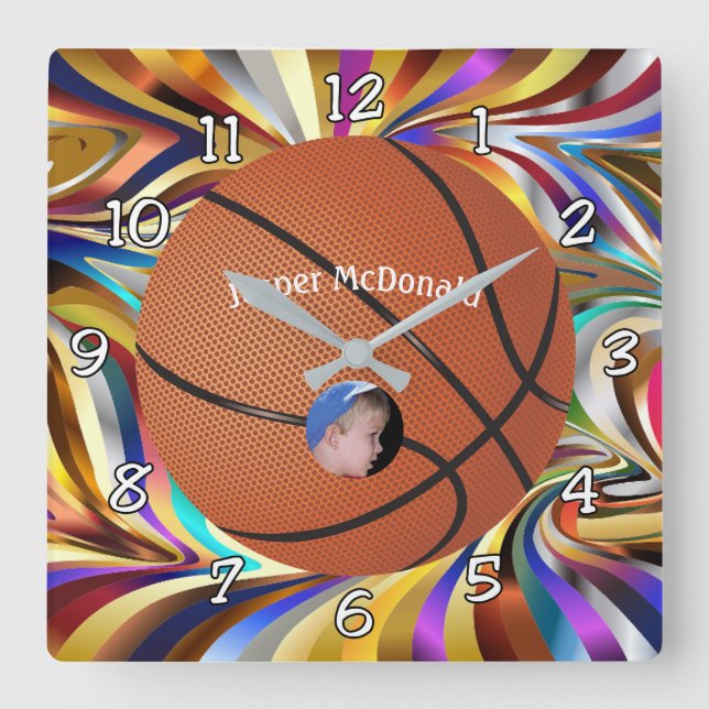 Basketball Many-colour Bkgrd Photo Personalize Square Wall Clock (Front)