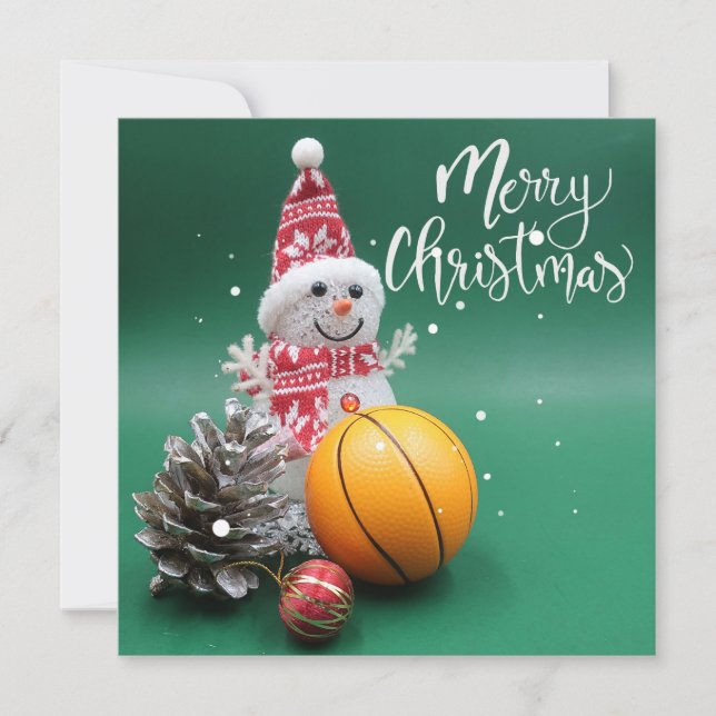 Basketball Merry Christmas with Snowman on Green  Card (Front)