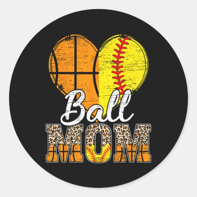 Basketball Mom Heart Softball Mama Leopard Mother' Classic Round Sticker (Front)