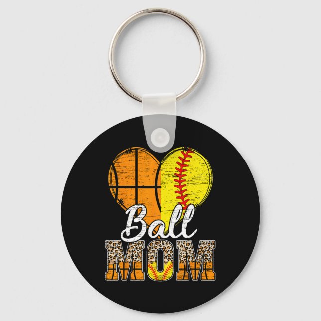 Basketball Mom Heart Softball Mama Leopard Mother' Keychain (Front)