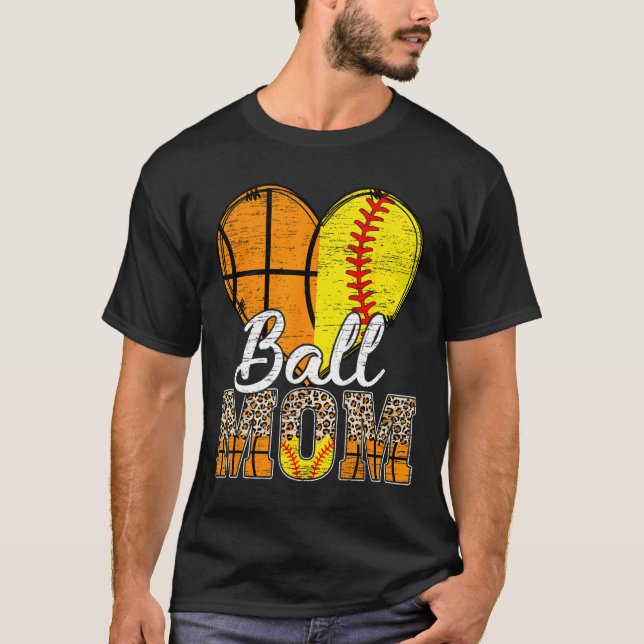 Basketball Mom Heart Softball Mama Leopard Mother' T-Shirt (Front)