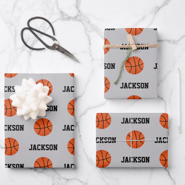 Basketball Name Pattern Kids Grey Wrapping Paper Sheet (Front)