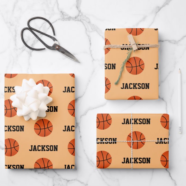 Basketball Name Pattern Kids Orange Wrapping Paper Sheet (Front)