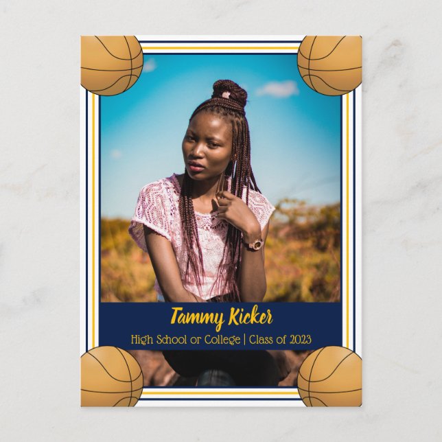 Basketball Navy & Gold Graduation Announcement Postcard (Front)