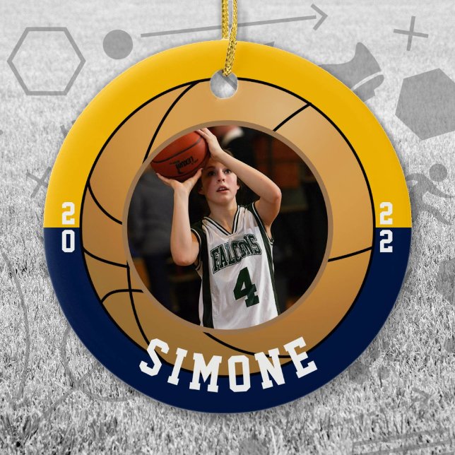 Basketball Navy Gold Team Colours Ceramic Ornament (Navy and Gold Baseball Let's Go Team Ornament. Celebrate your high school or college athlete.)