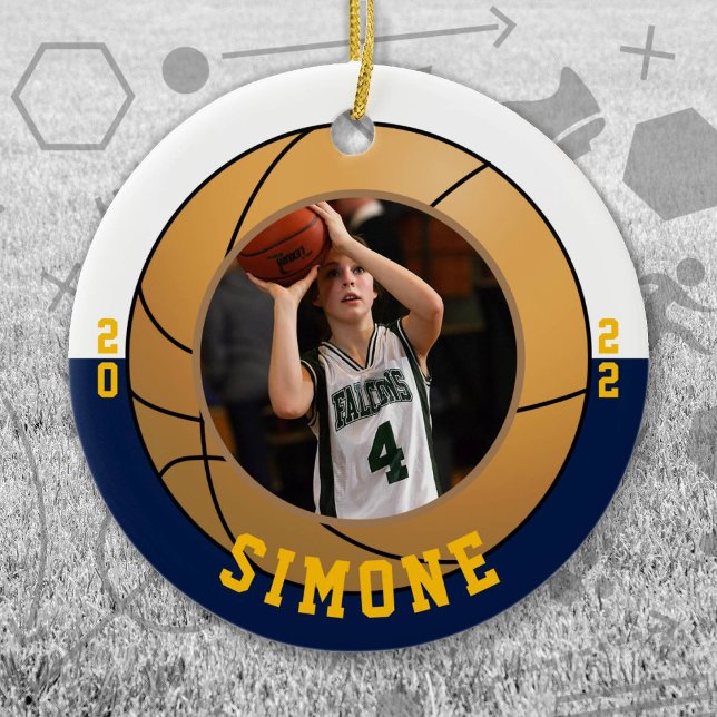 Basketball Navy White Team Colours Ceramic Ornament (Navy and White Baseball Let's Go Team Ornament. Celebrate your high school or college athlete.)