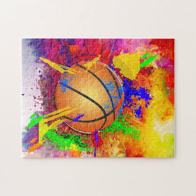 Basketball Neon Paint Splatter Modern Fun Jigsaw Puzzle (Horizontal)
