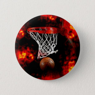 Basketball Net, Ball & Flames 2 Inch Round Button