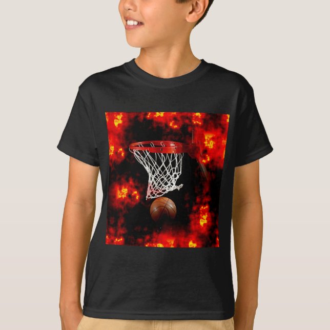 Basketball Net, Ball & Flames T-Shirt (Front)
