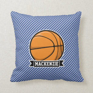 Basketball on Blue & White Stripes Throw Pillow
