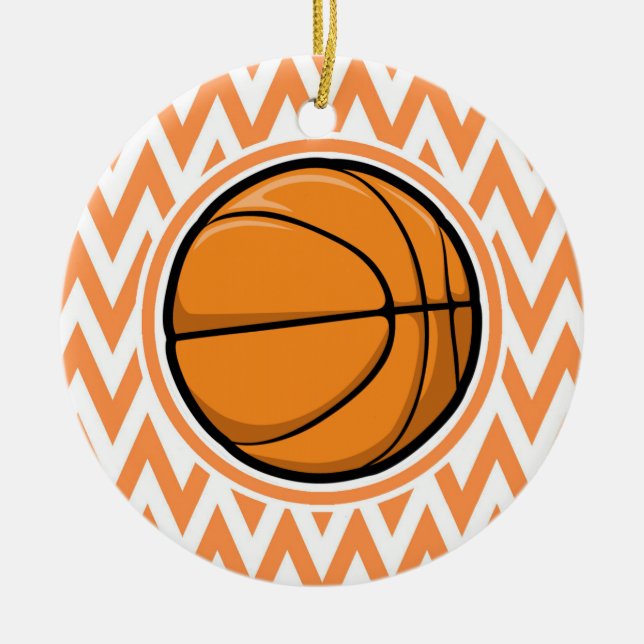 Basketball on Orange and White Chevron Ceramic Ornament (Front)