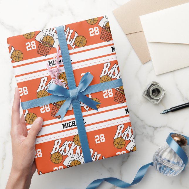 Basketball on Orange & White Stripe Wrapping Paper (Gifting)