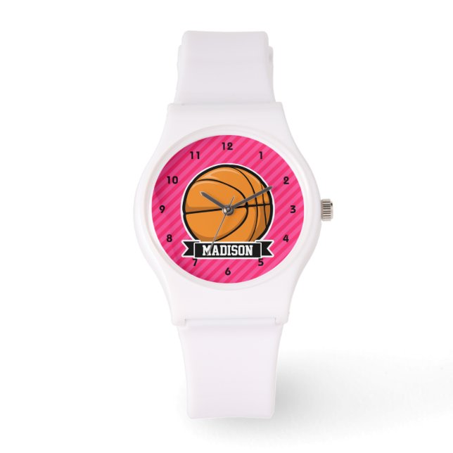Basketball on Pink Stripes, Striped Watch (Front)