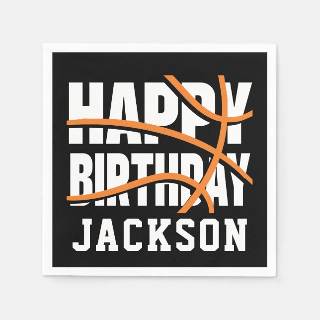 Basketball Orange Black Happy Birthday Party Napkin (Front)